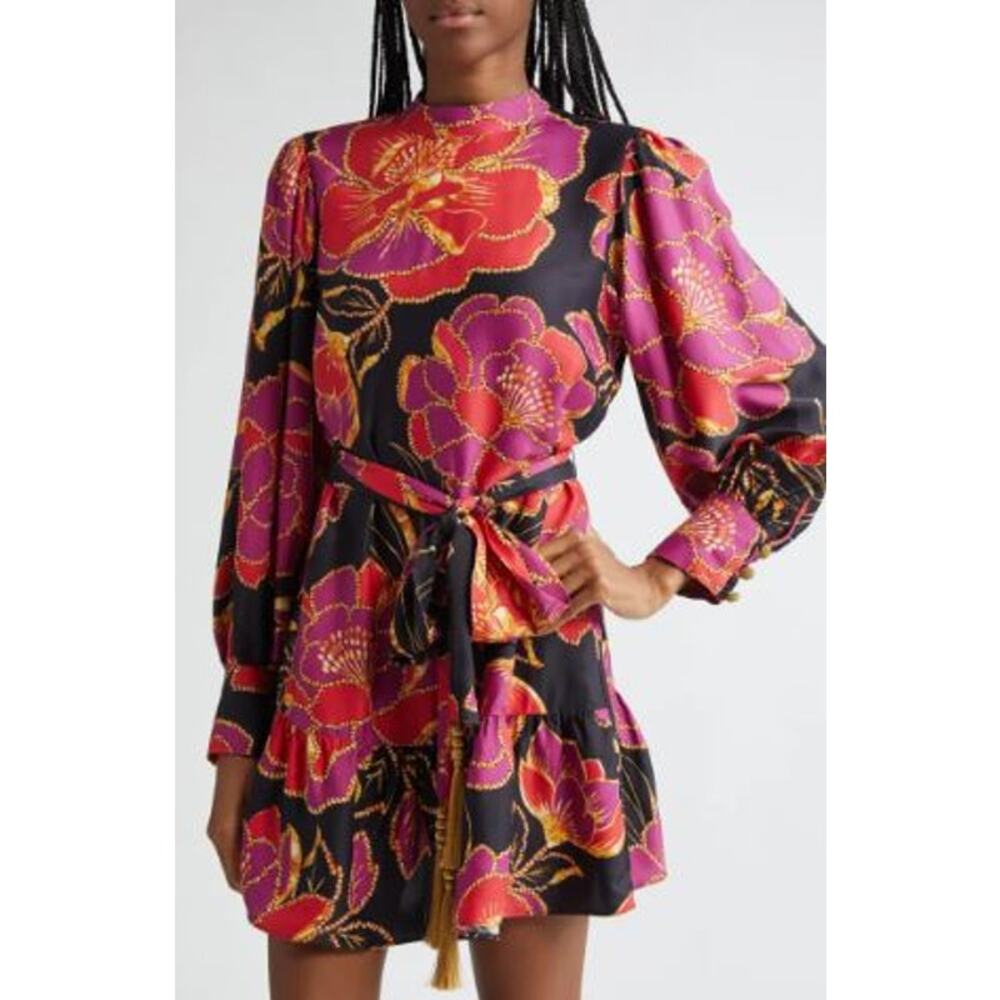 Farm Rio Shiny Chita Floral Print Long Sleeve Minidress Tiered Black Size Small - Picture 5 of 9